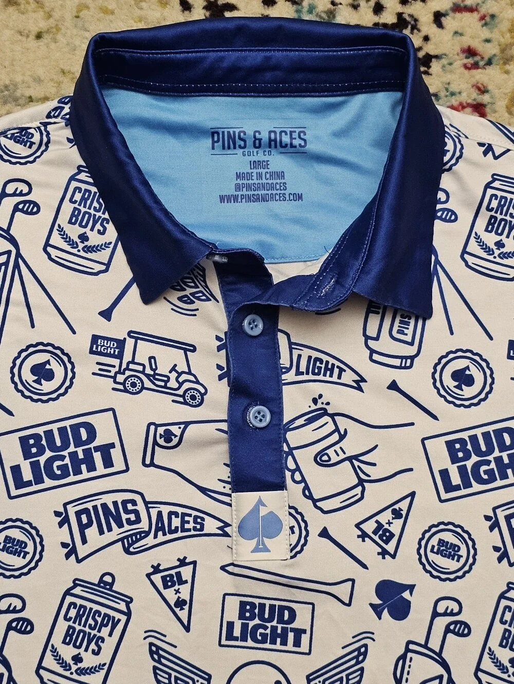Pins & Aces Bud Light Crispy Boys Golf Polo Mens Large White Blue All Over Print